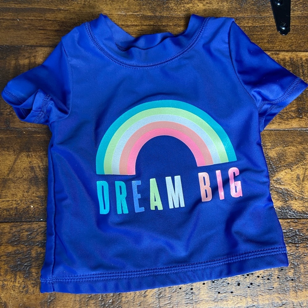 Carters Infant Girls Blue Dream Big Rainbow Rash Guard Swimming Suit Top 6M